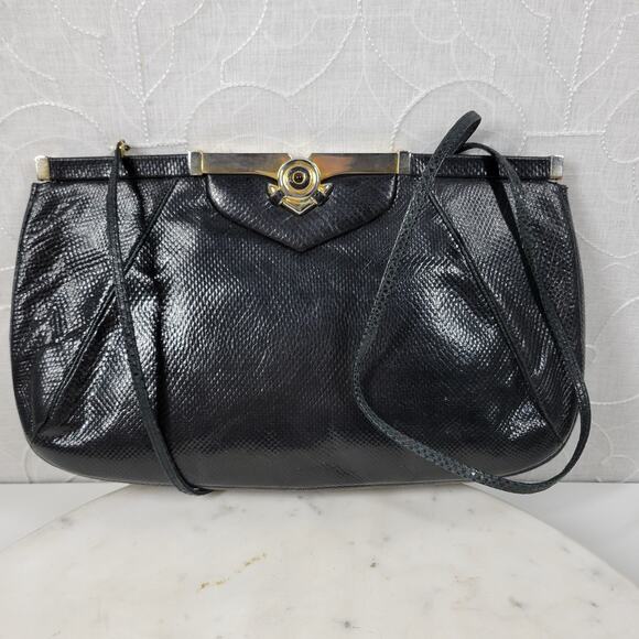 Vintage Judith Lieber Hinged Snakeskin Clutch Black Strap Art Deco Evening Bag - Picture 16 of 16